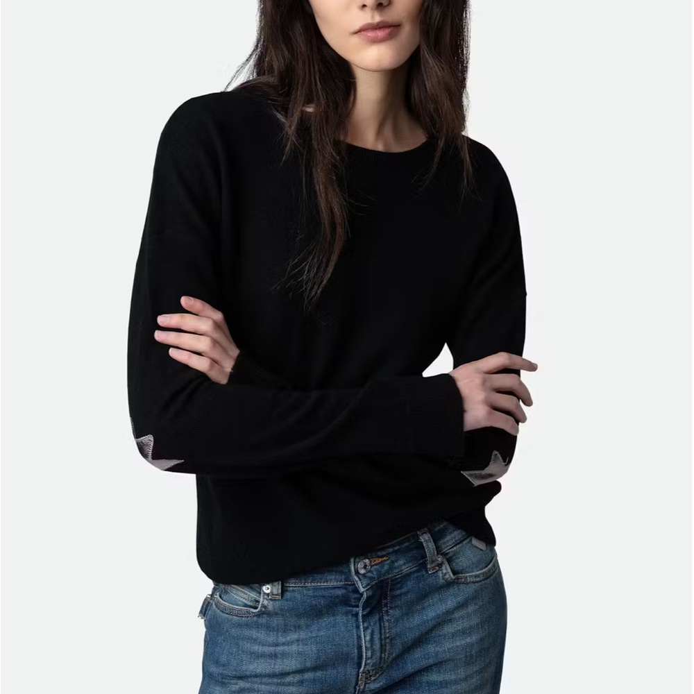 Zadig & Voltaire Navy CC Cashmere Sweater with star elbows patches